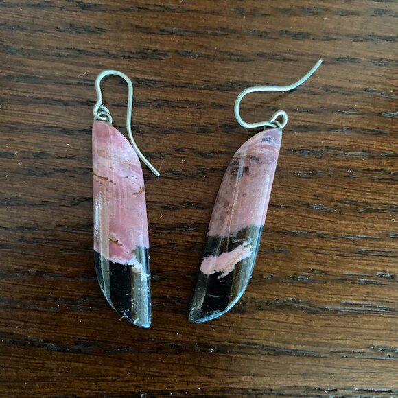 Handcrafted Natural Stone Rhodonite Dangle Earrings - Picture 2 of 3